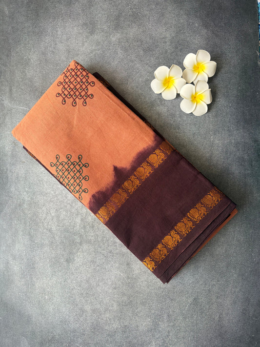 Peach Kolam Printed Sungudi Cotton Saree | TLL214