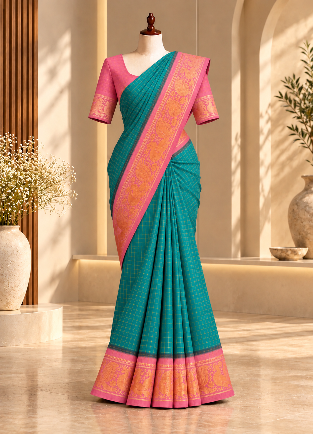 Golden Checked Sungudi Cotton Saree Green | TLL378