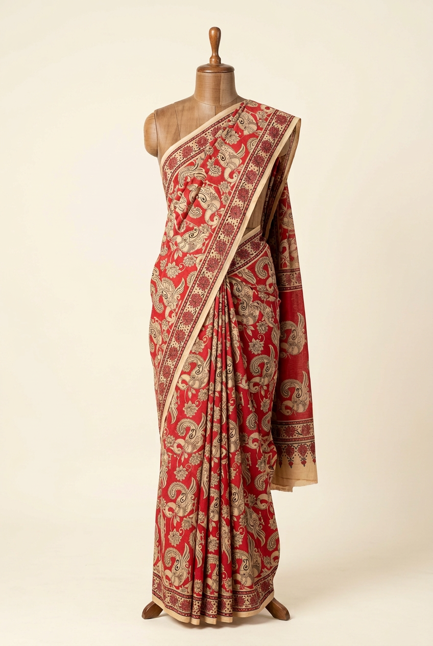Kalamkari Mul Mul Cotton Saree Red | TLL610
