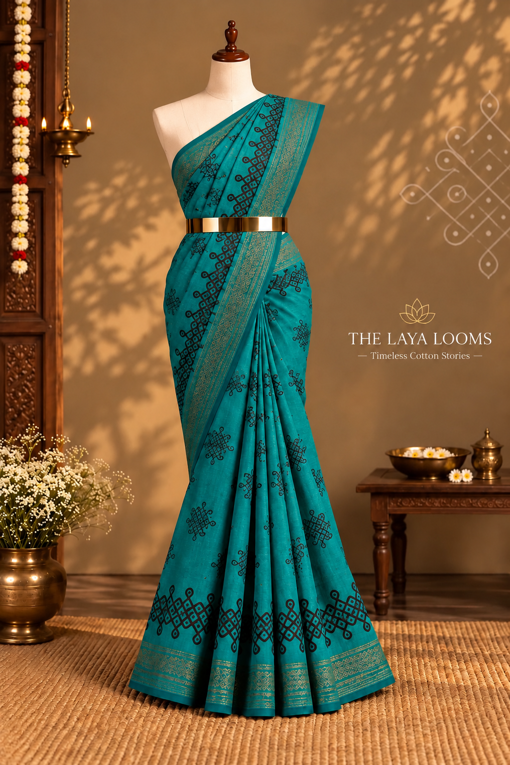 Kolam Printed Sungudi Cotton Saree Green | TLL638