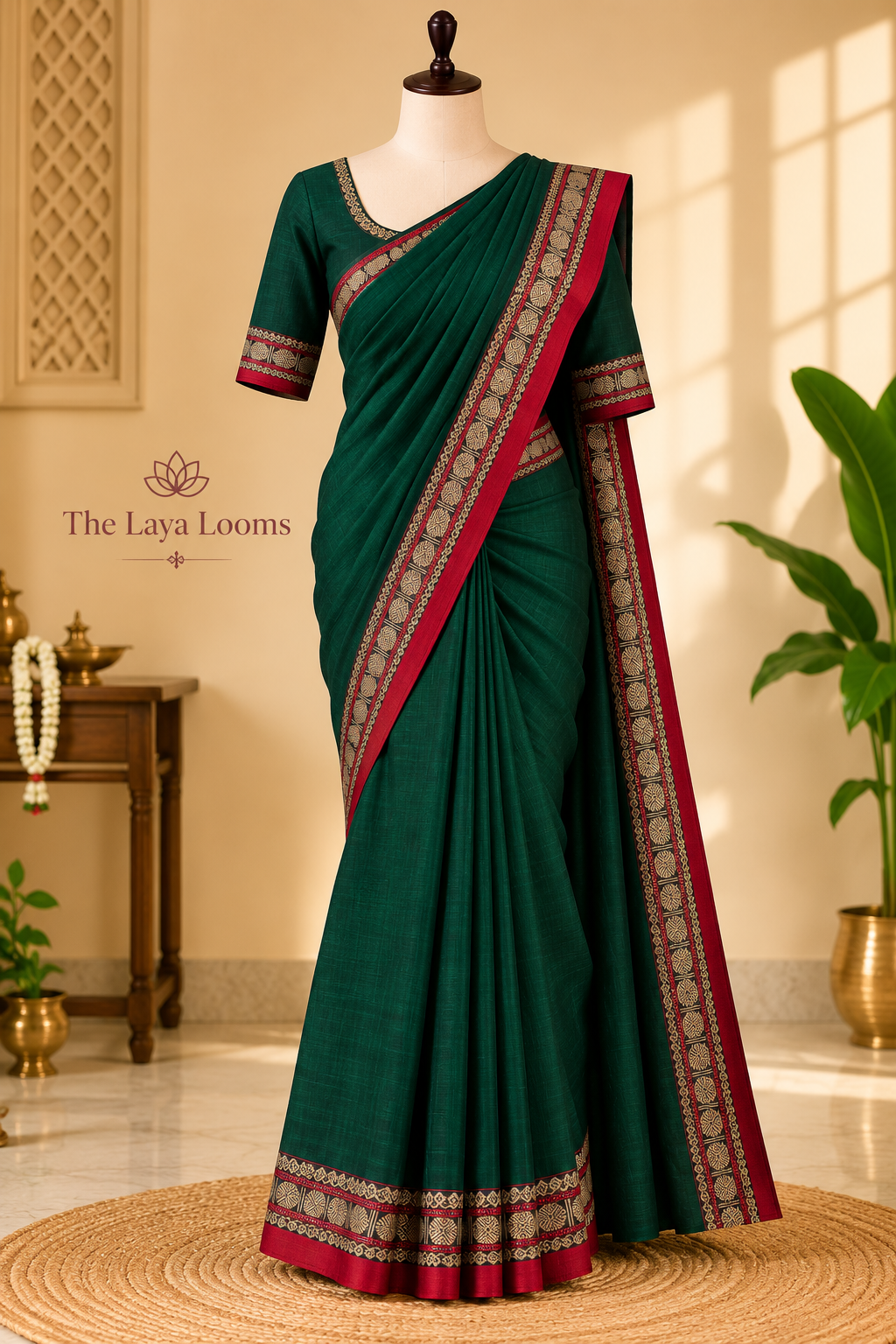Narayanpet Cotton Saree Dark Green | TLL435