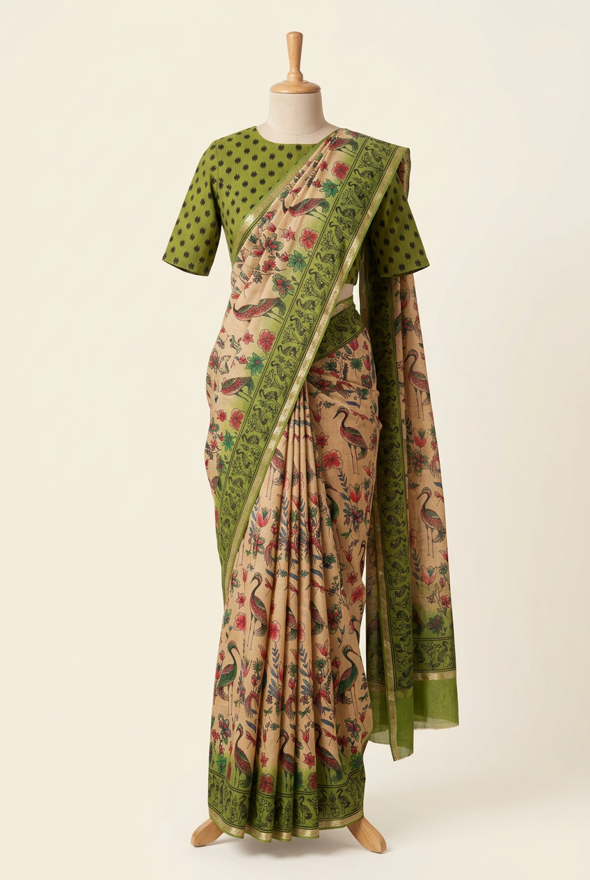 Kalamkari Cotton Saree Cream with Green Border | TLL594