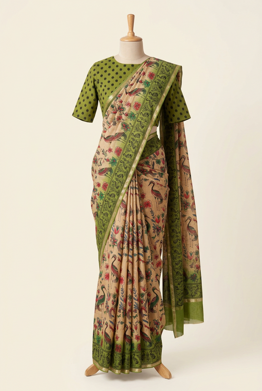 Kalamkari Cotton Saree Cream with Green Border | TLL594