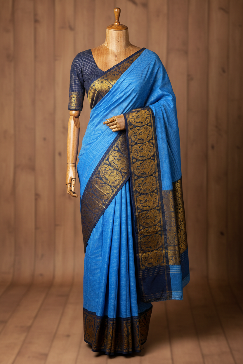 Big Border Sungudi With Blue Blouse