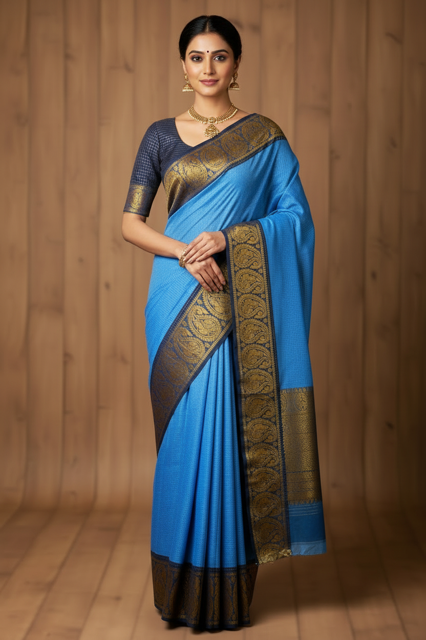 Big Border Suingudi Saree With Matching Blouse Wearing a model