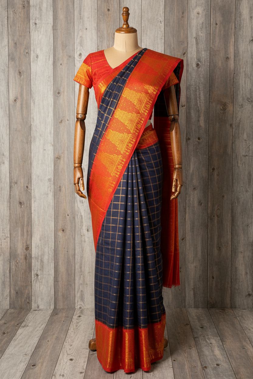 Big Border Temple Design Sungudi with matching Blouse 