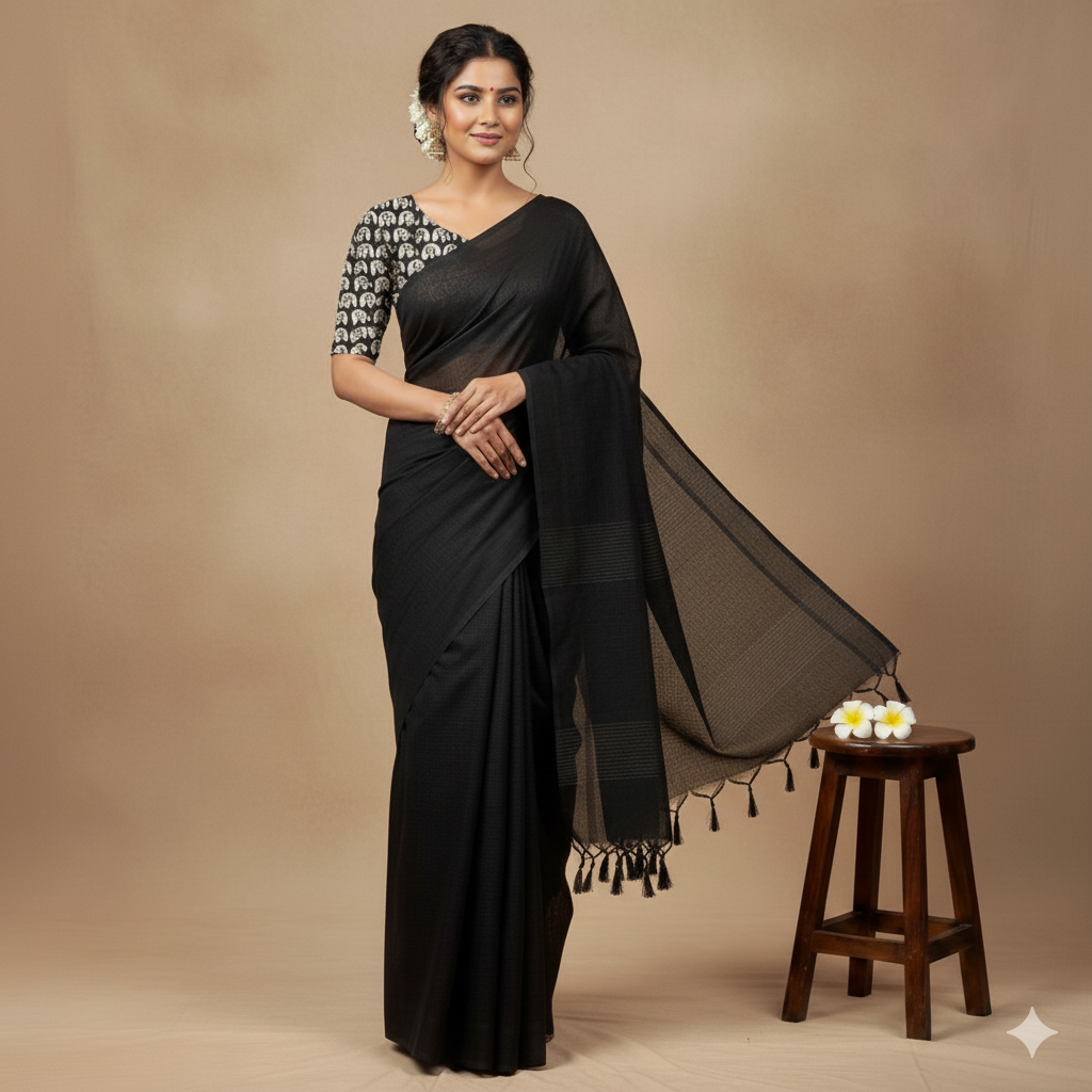 Plain Black Kadhi Cotton Saree with Attached Blouse Featuring Elephant Motif | The Laya Looms