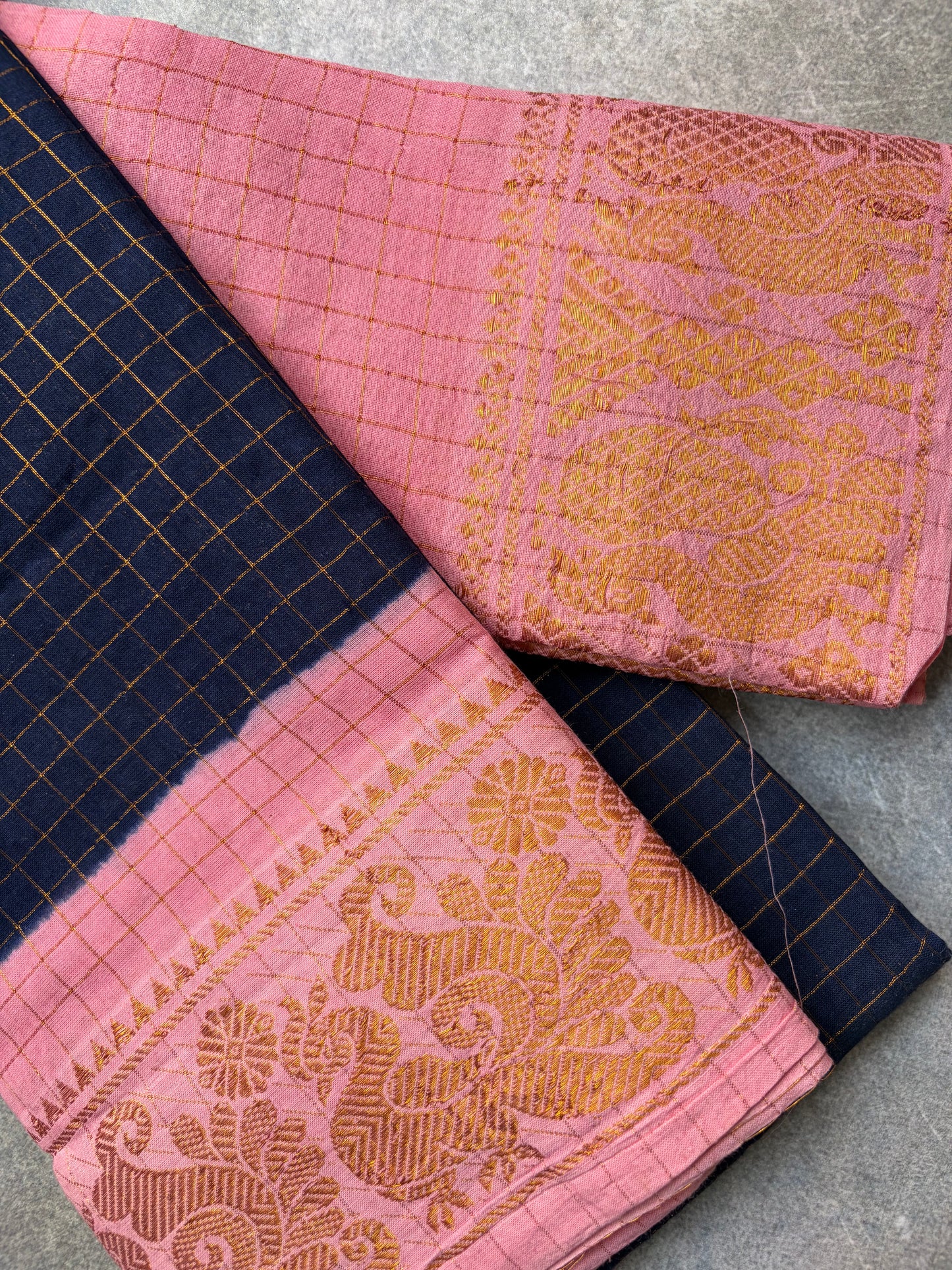 Checked Sungudi | rose milk pink border with dark navy blue