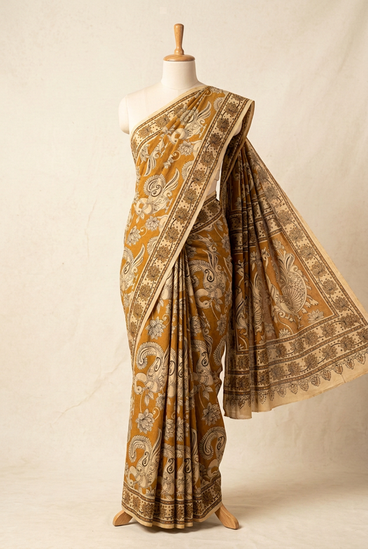 Kalamkari Mul Mul Cotton Saree Mustard Yellow | TLL611