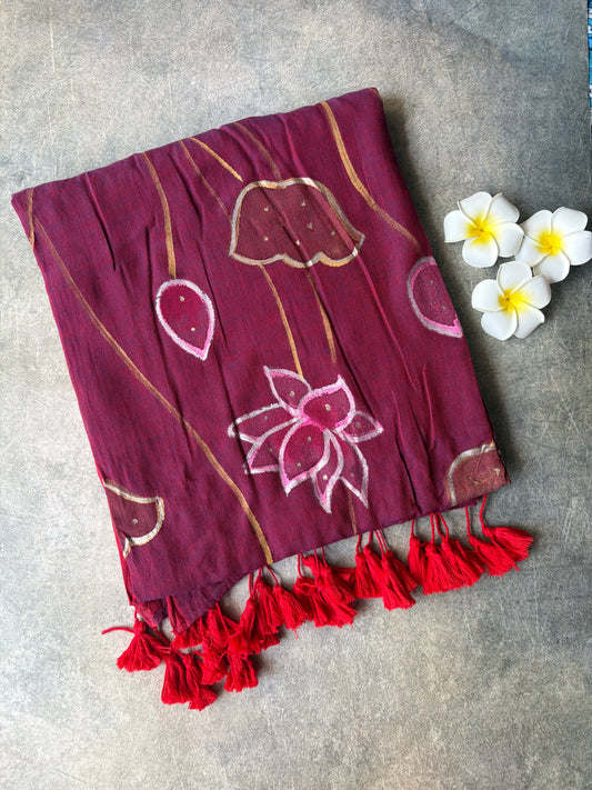 Hand Painted Mul Mul Cotton Saree Deep Maroon | TLL515