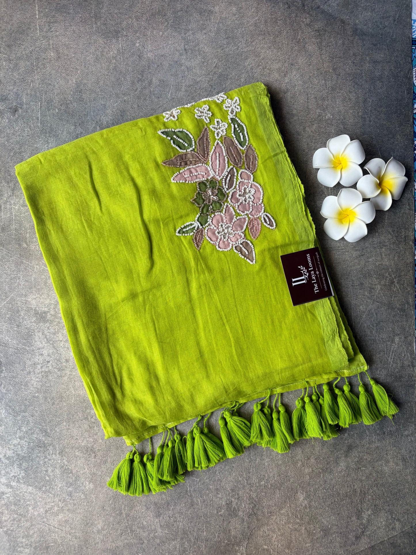 Embroidery Mul Mul Cotton Saree Lime Green | TLL507