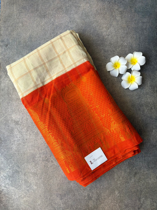 Temple Border Sungudi Saree | White Colour Orange Border | TLL195