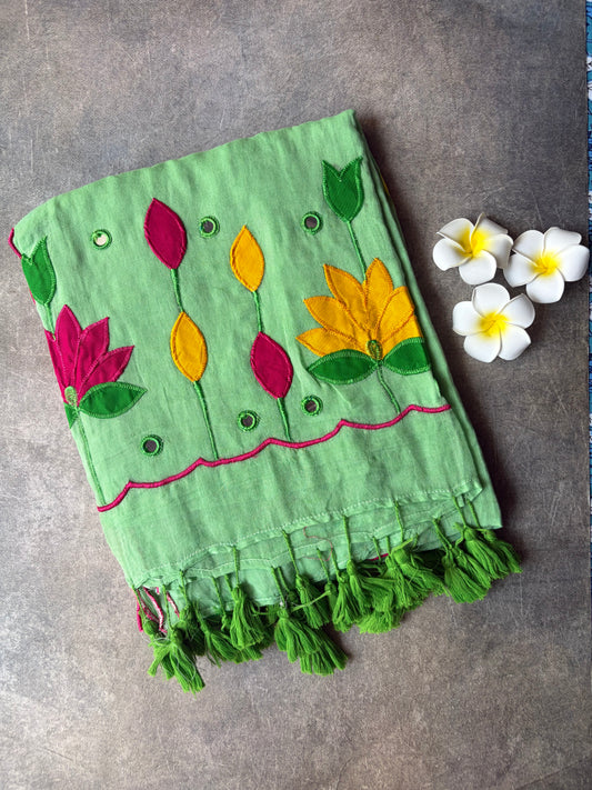 Applique Work Mul Mul CottonSaree Green | TLL539
