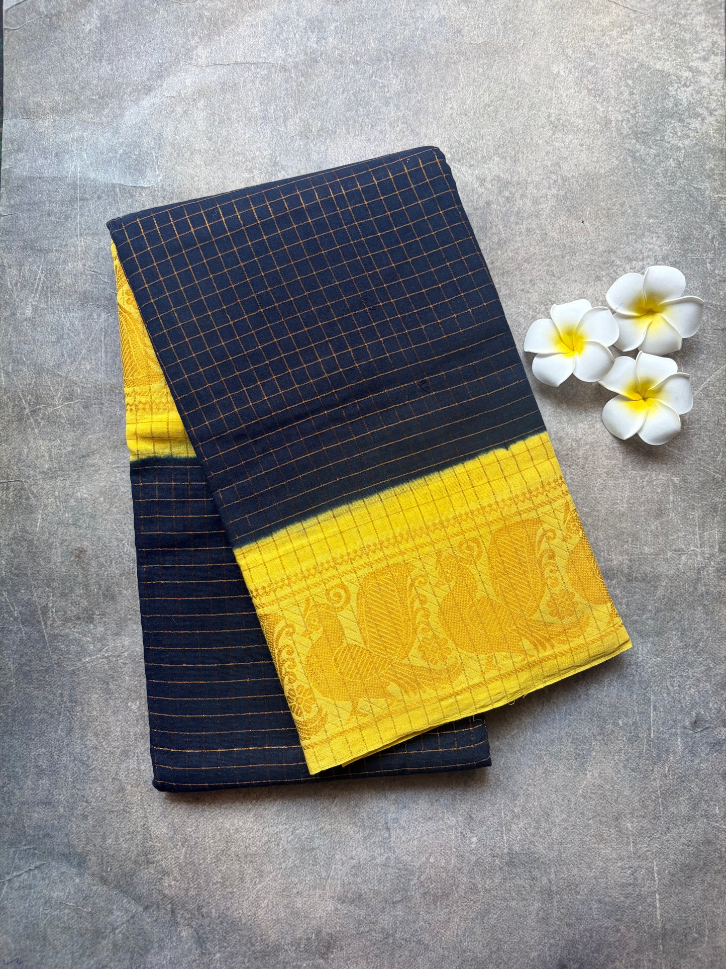 Golden Checked Sungudi Cotton Saree Black | TLL379