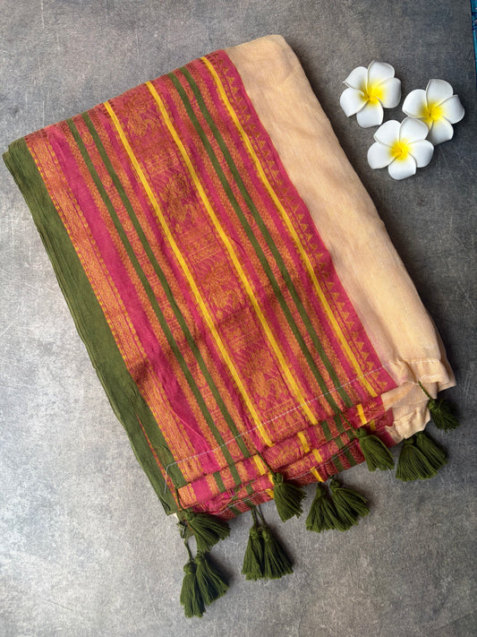 Mul Mul Cotton Saree Cream Colour with Green Tussles | TLL258