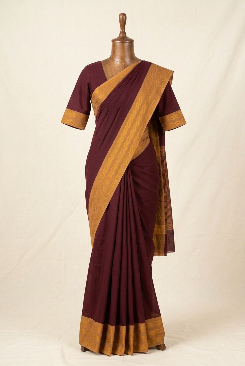 A traditional Indian sungudi cotton saree displayed on a wooden dress form mannequin. The saree is deep maroon with a wide golden-yellow border and matching border on the blouse, set against a plain off-white background.