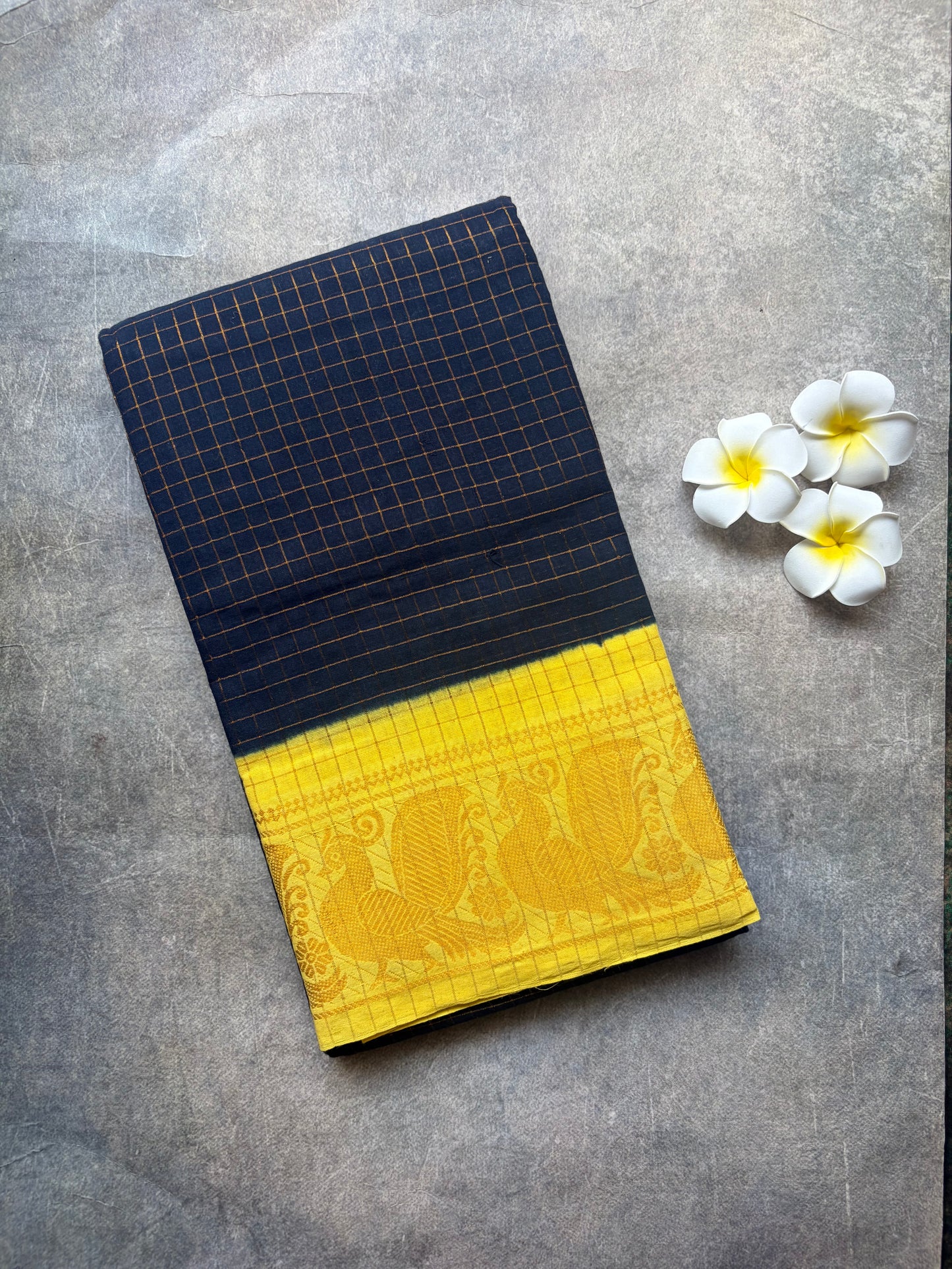 Golden Checked Sungudi Cotton Saree Black | TLL379