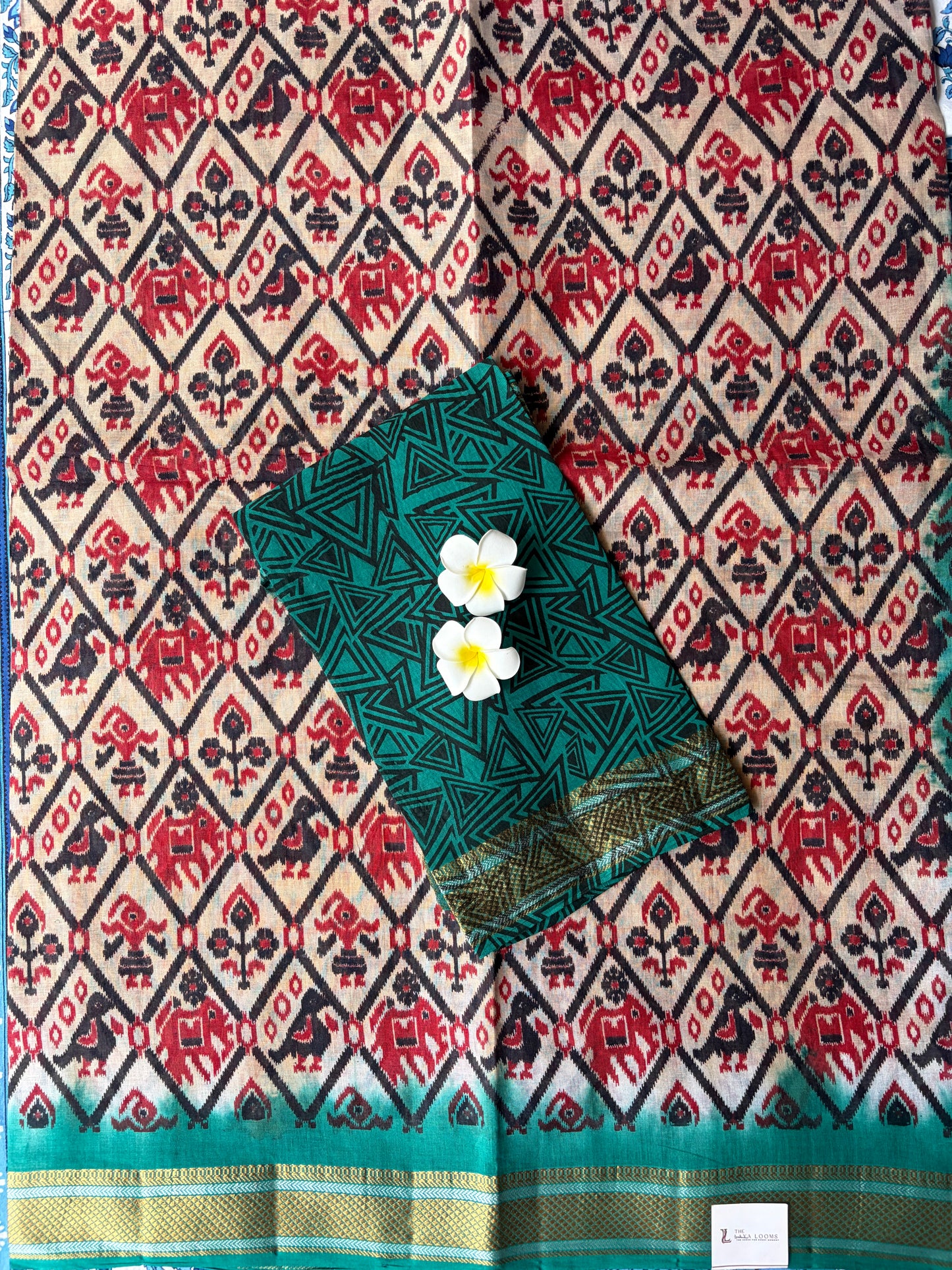 Pochampalli Cotton Saree Cream with Teal Green | TLL601