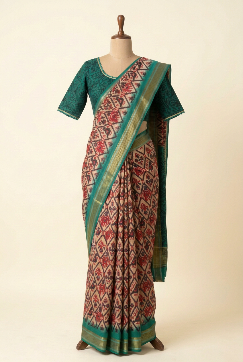 Pochampally Cotton Saree Cream with Teal Green | TLL601