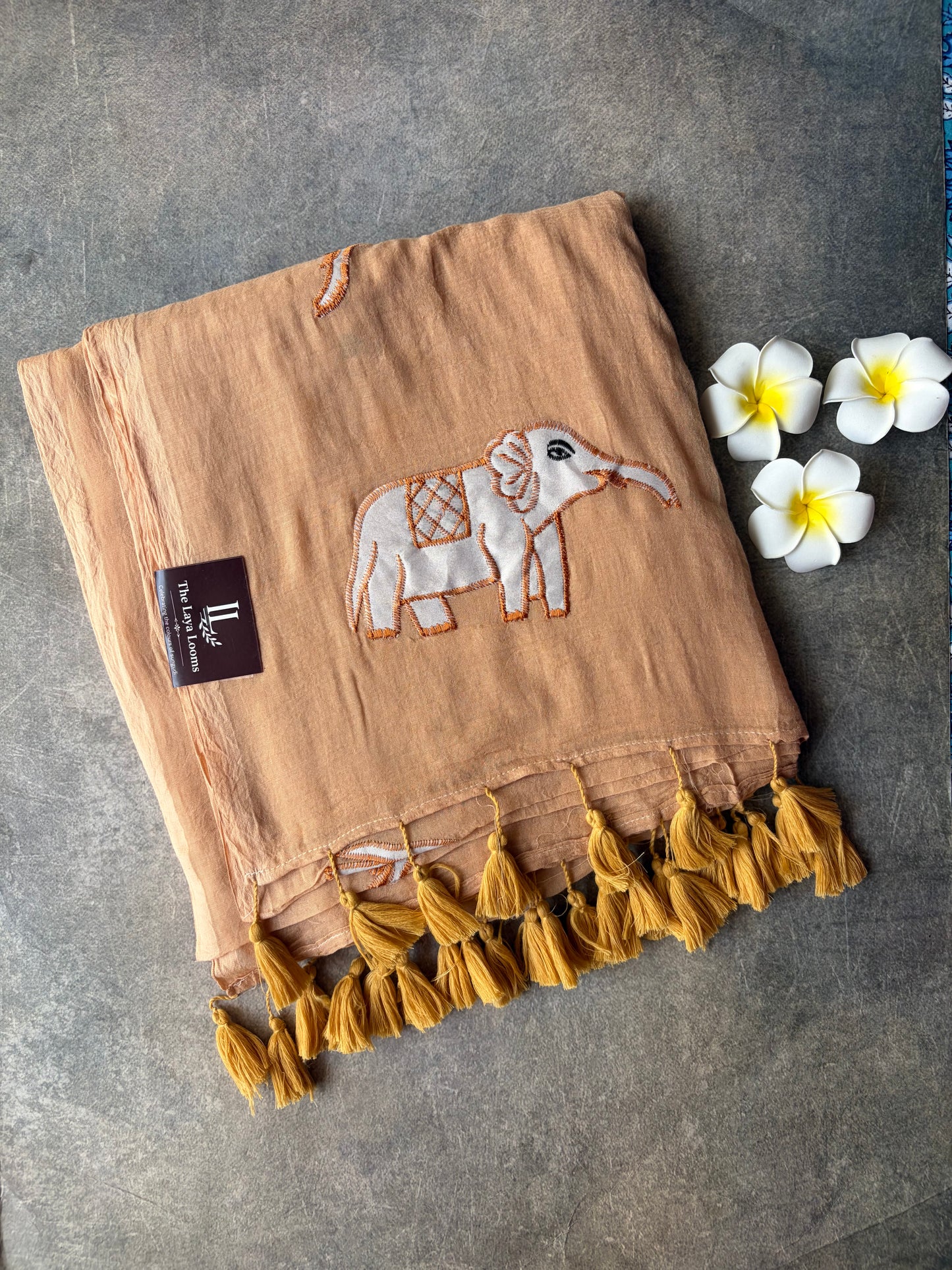 Elephant Mul Mul Cotton Saree Light Brown | TLL534