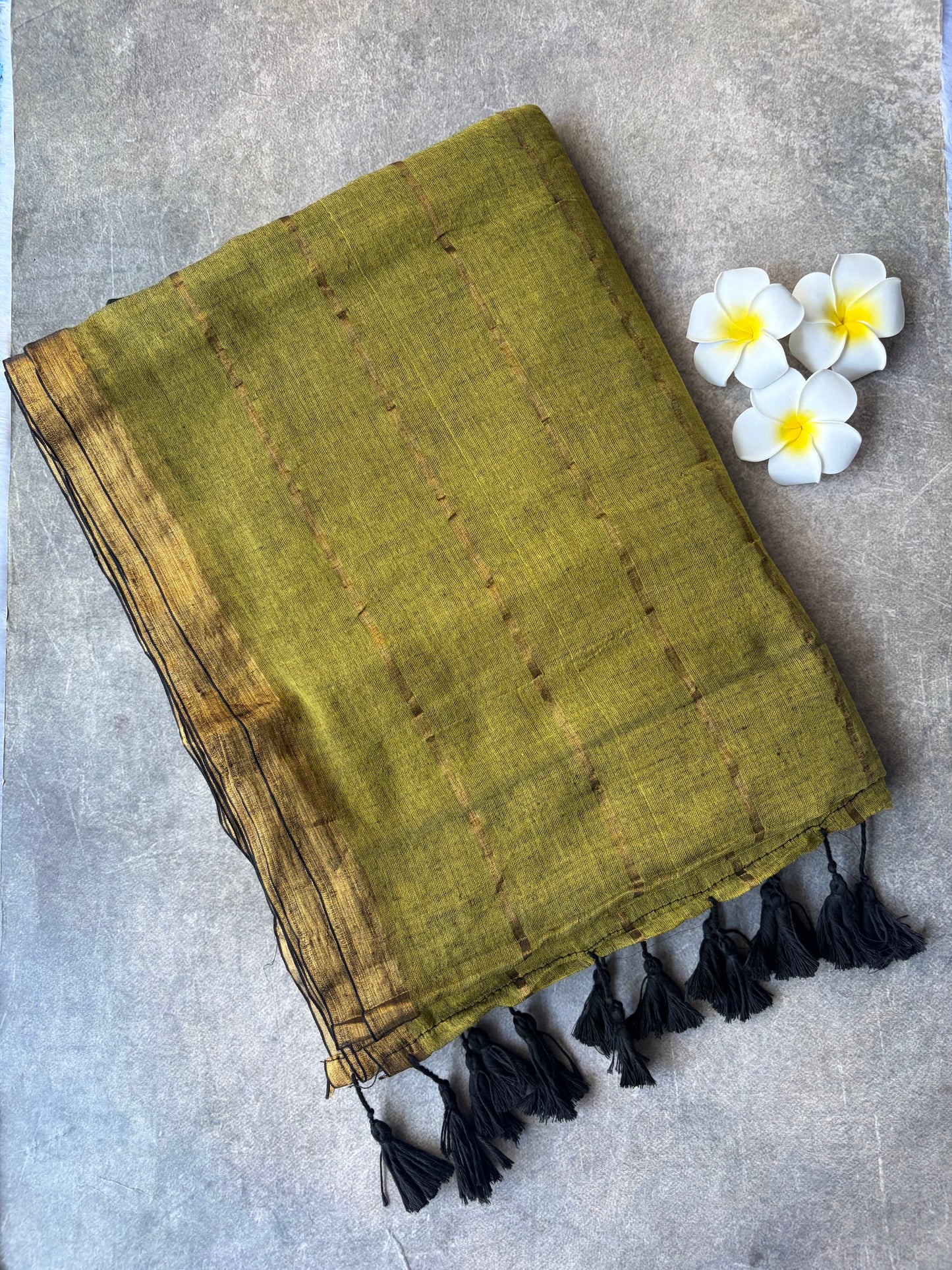 Mul Mul Cotton Saree Black and Green with Tussels | TLL259