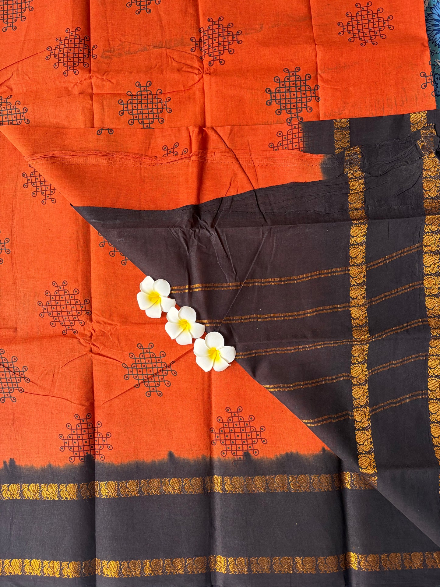 Kolam Printed Sungudi Cotton Saree Orange | TLL213