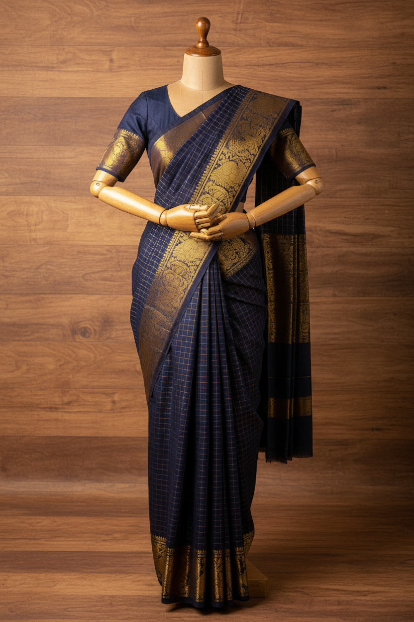 Checked Navy Blue Sungudi Saree 