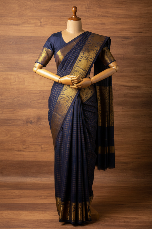 Checked Navy Blue Sungudi Saree 