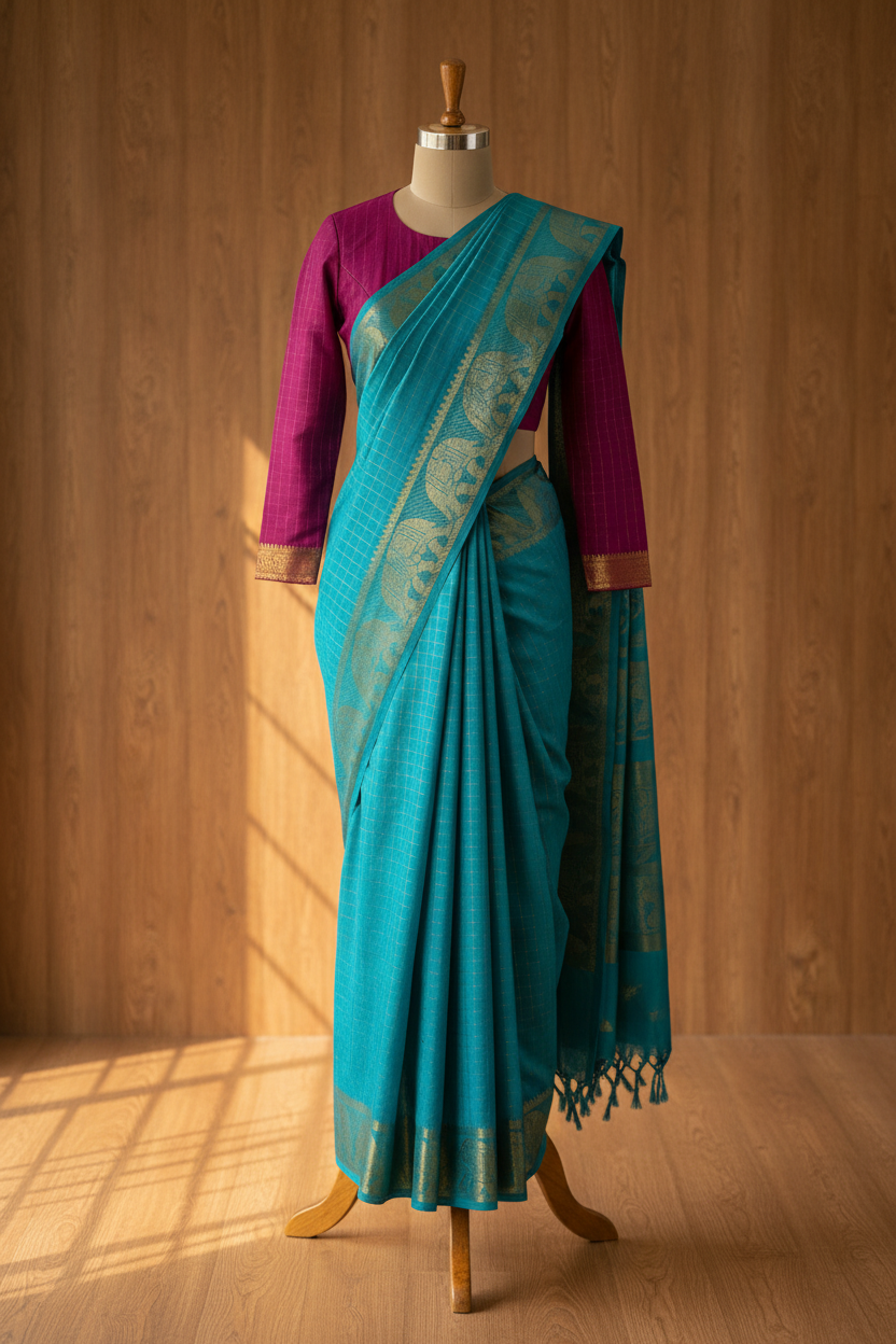 Checked Sungudi Saree Blue Colour