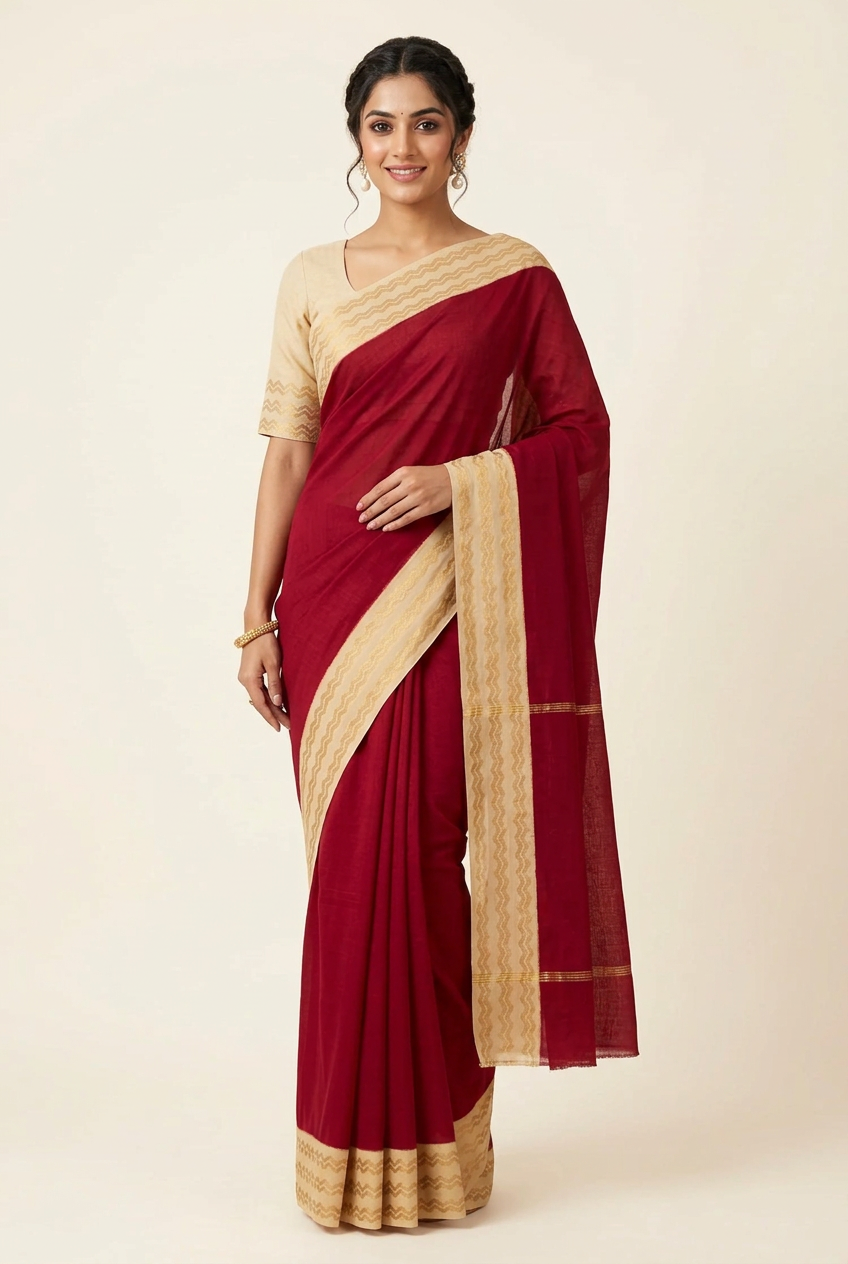 A deep red sari with a beige and gold patterned border and matching beige blouse, displayed on a wooden dress form against a light beige background.