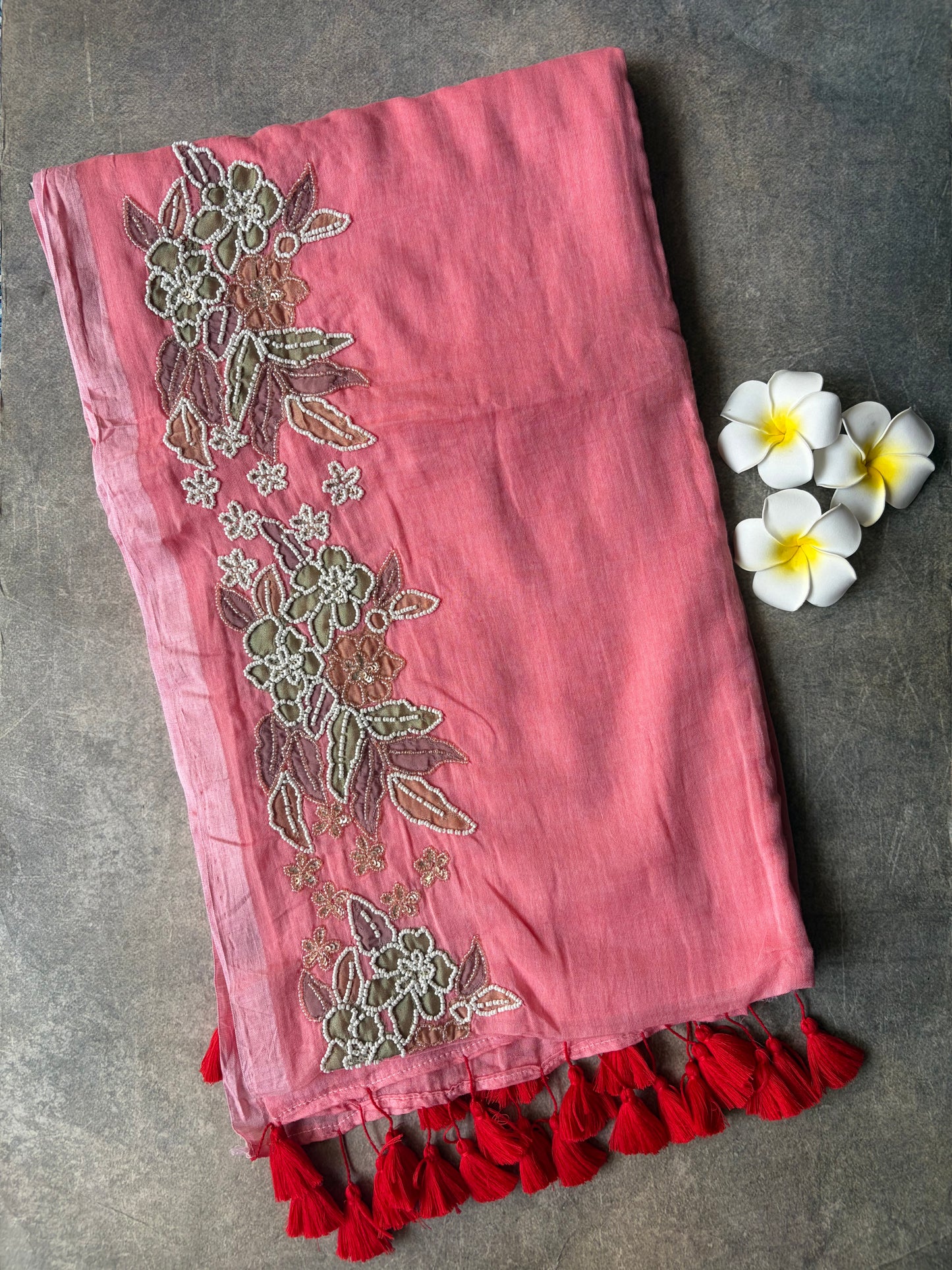 Mul Mul Cotton Saree Baby Pink with Tussles | TLL501