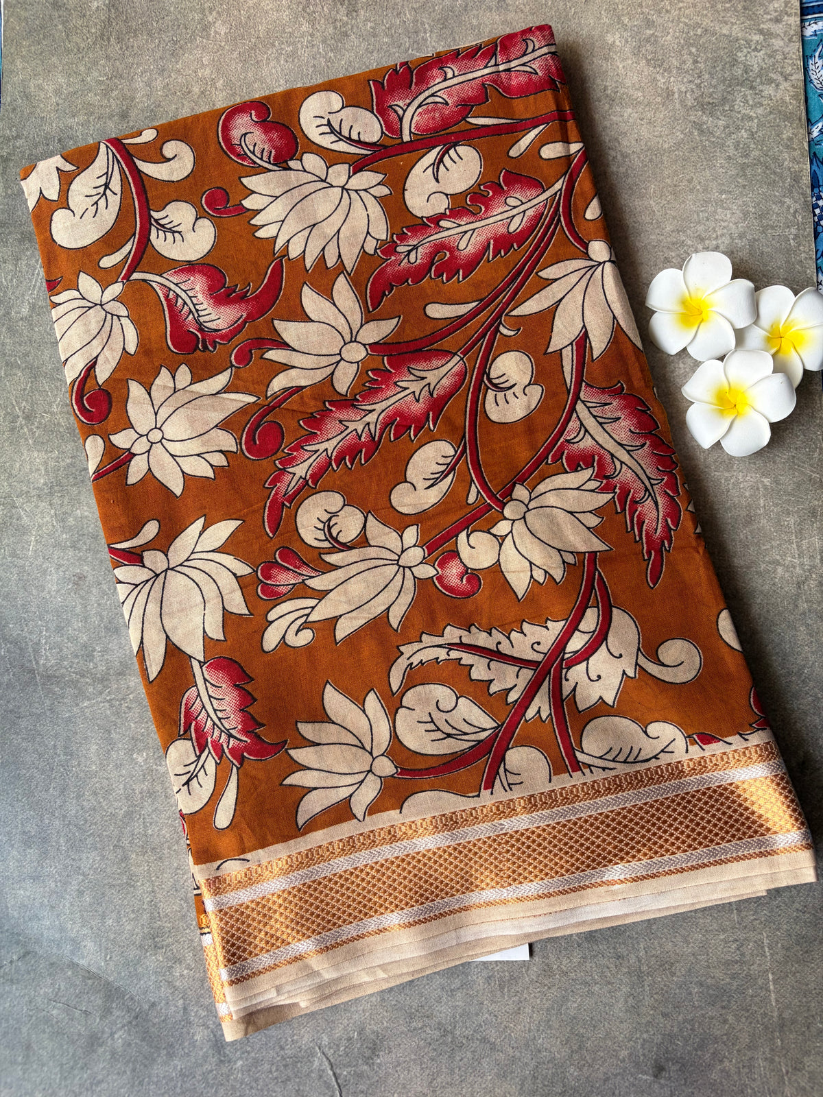Traditional Kalamkari Soft Mul Cotton Saree Mustard Yellow with Red | TLL623