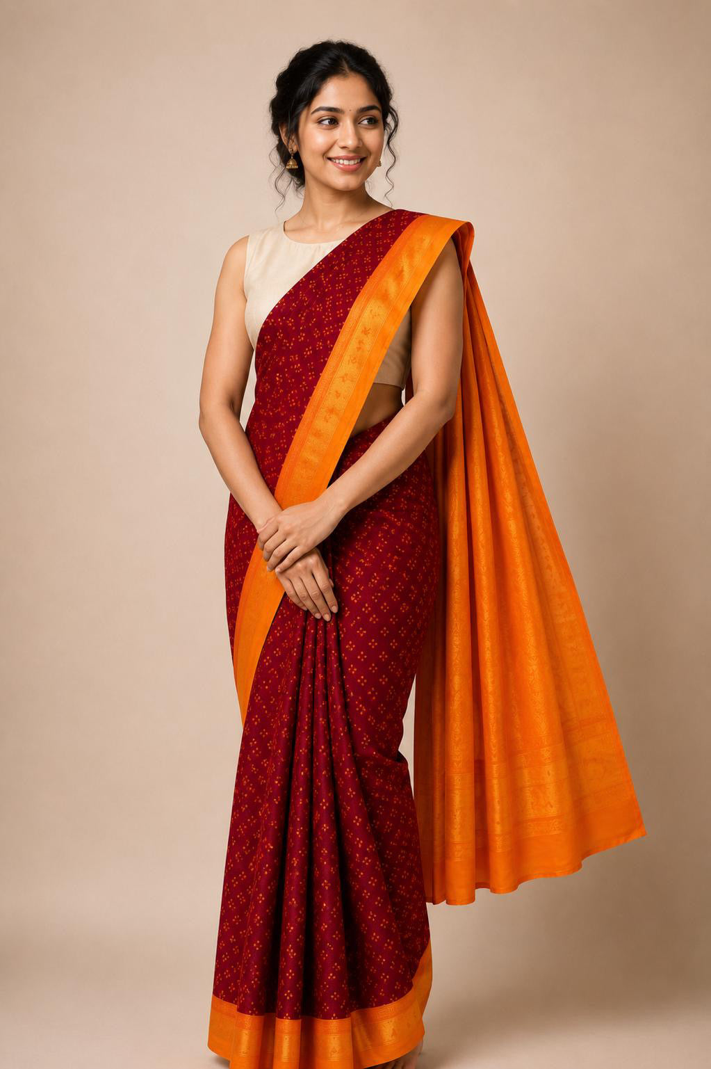 Authentic Soft Sungudi Cotton Saree – Maroon with 3 Pulli Design & Orange Border | TLL096