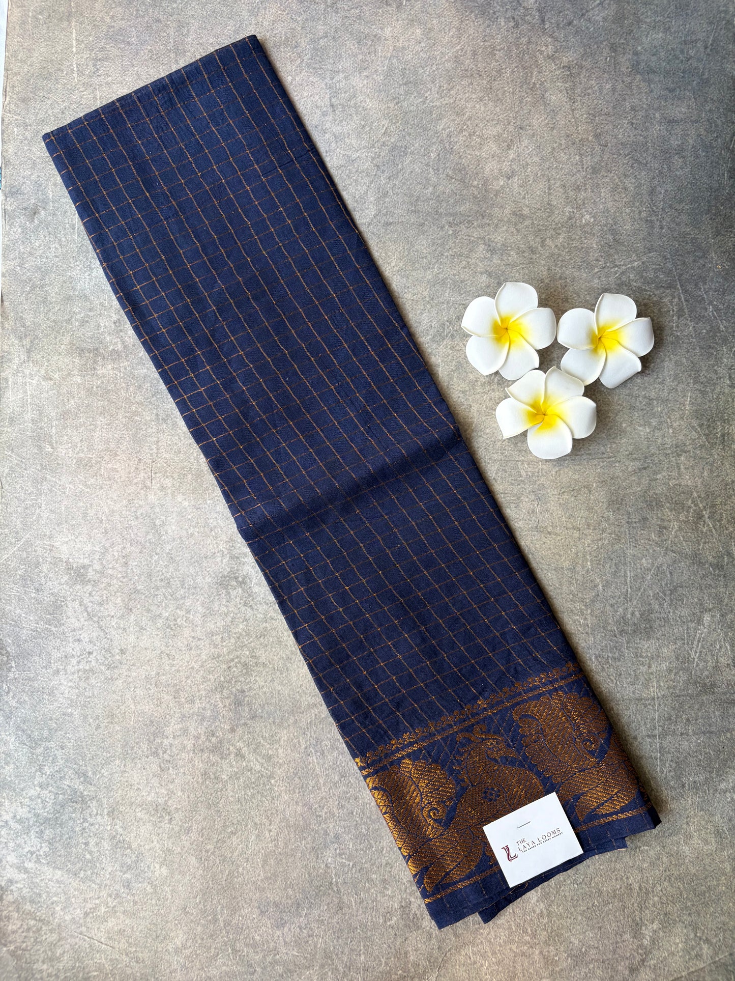 Dark Blue Golden Checked Sungudi Cotton Blouse Piece | TLL242