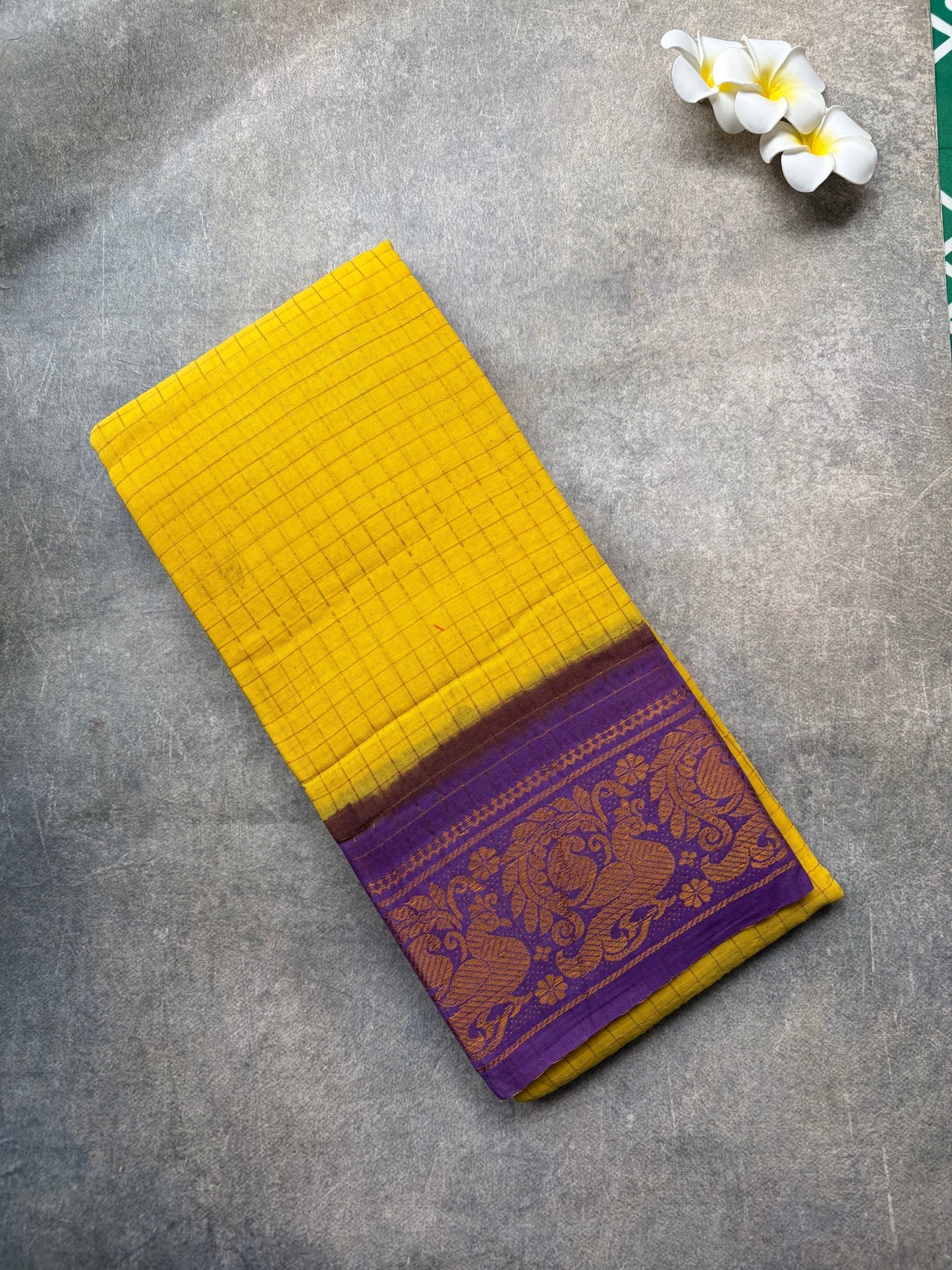 Madurai Sungudi | Yellow with Violet Golden Zari Checked Sungudi Cotton Saree | TLL163