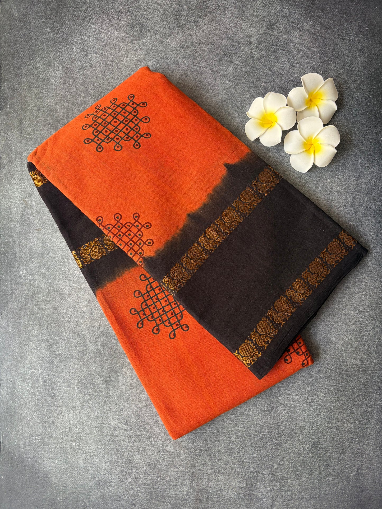 Kolam Printed Sungudi Cotton Saree Orange | TLL213