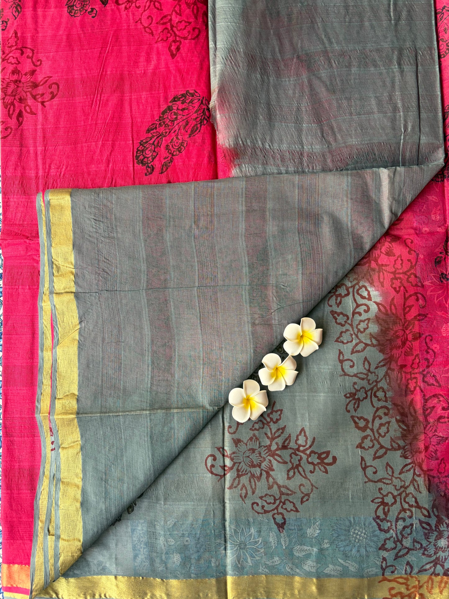 Grey with Pink Pure Cotton Saree | TLL584