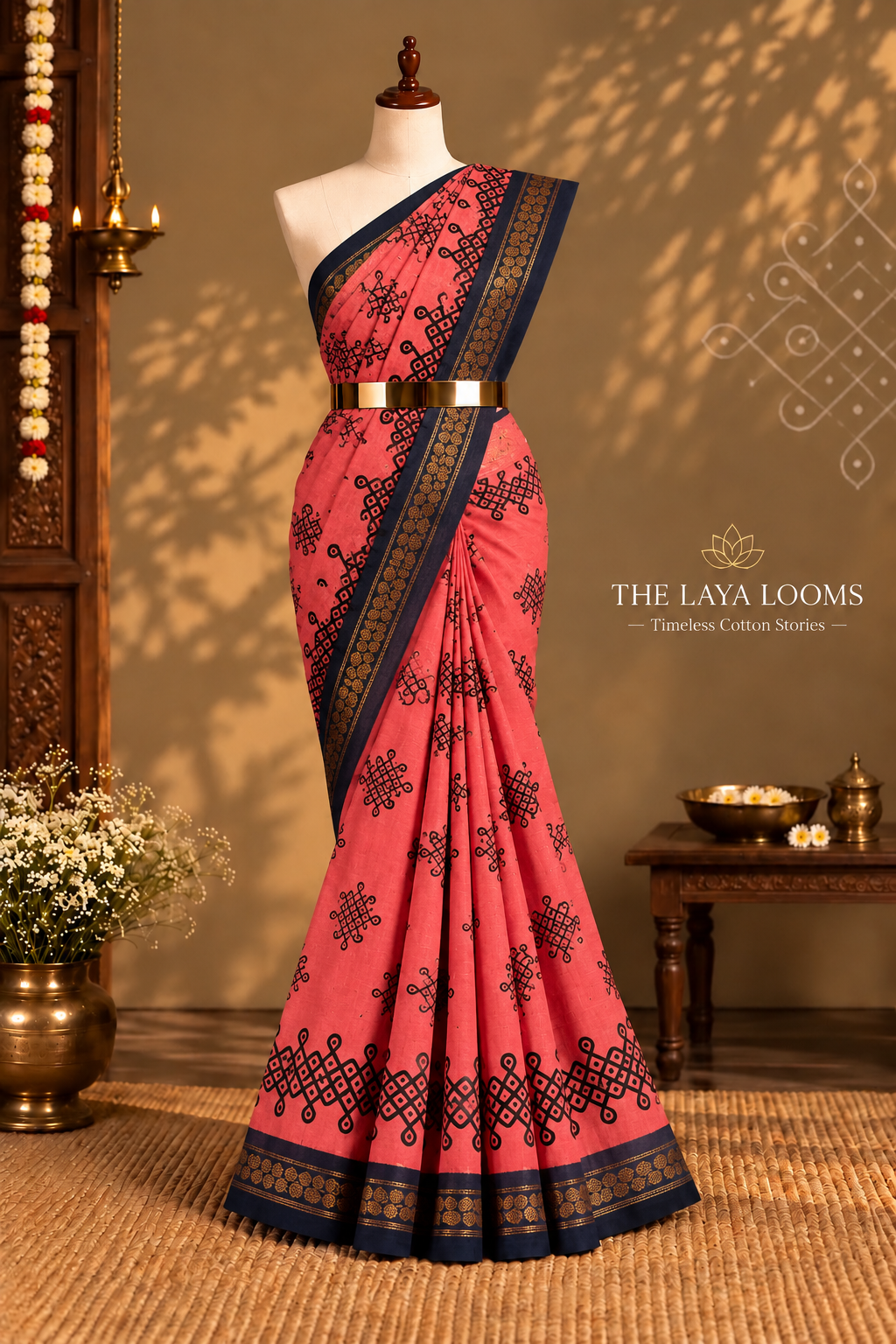 Kolam Printed Sungudi Cotton Saree Baby Pink with Navy Blue Border | TLL637