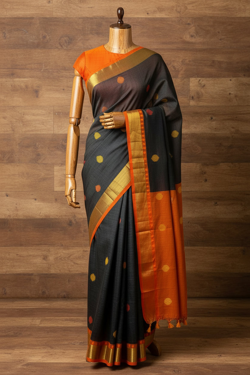Orange Ball Khadi Cotton Saree | TLL218