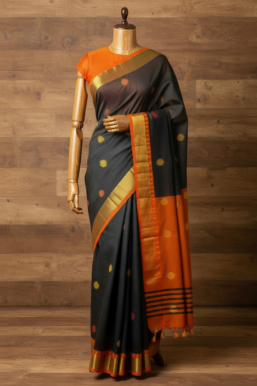 Orange Ball Khadi Cotton Saree | TLL218