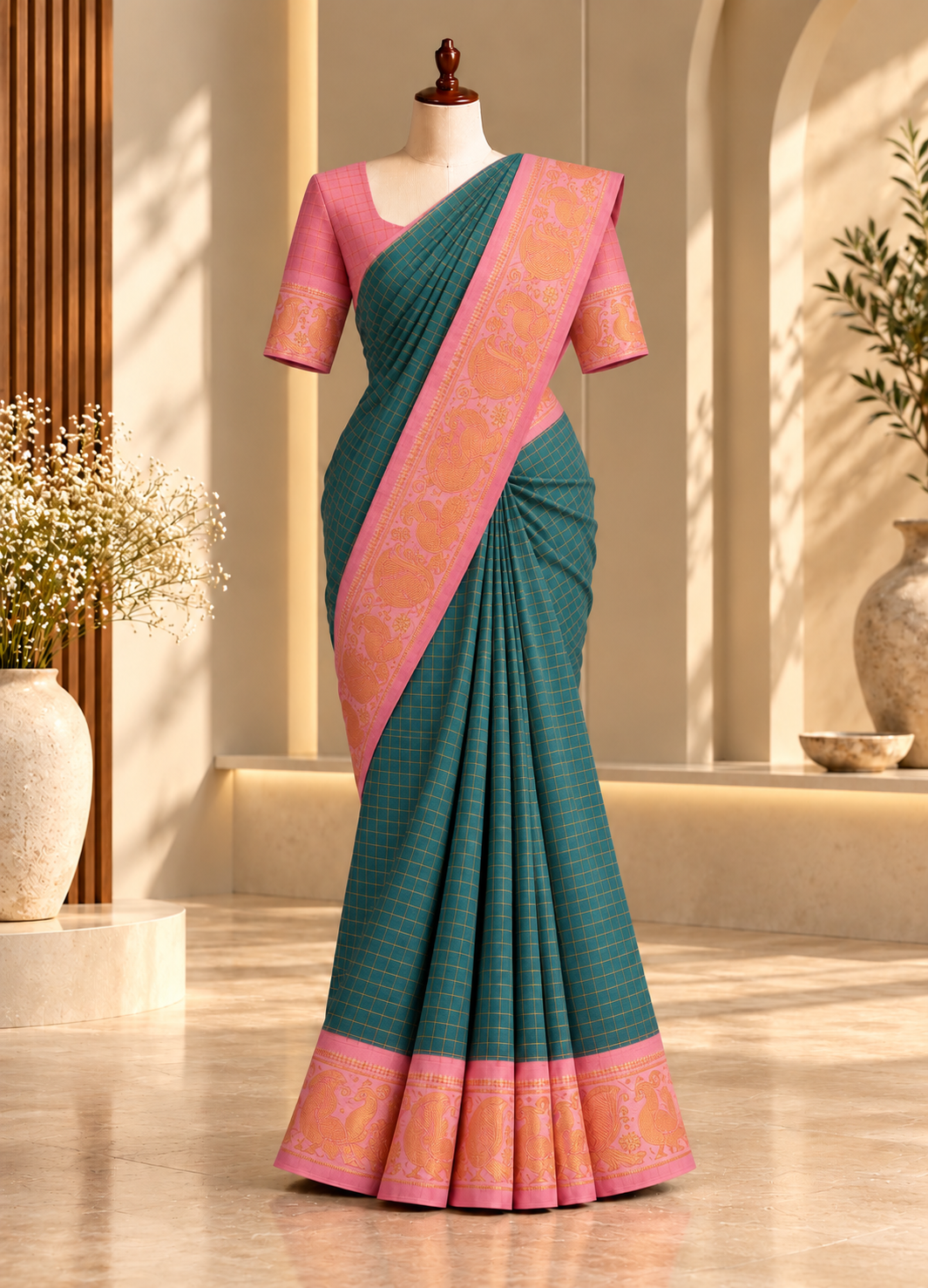 Golden Checked Sungudi Cotton Saree Greyish-Green | TLL375