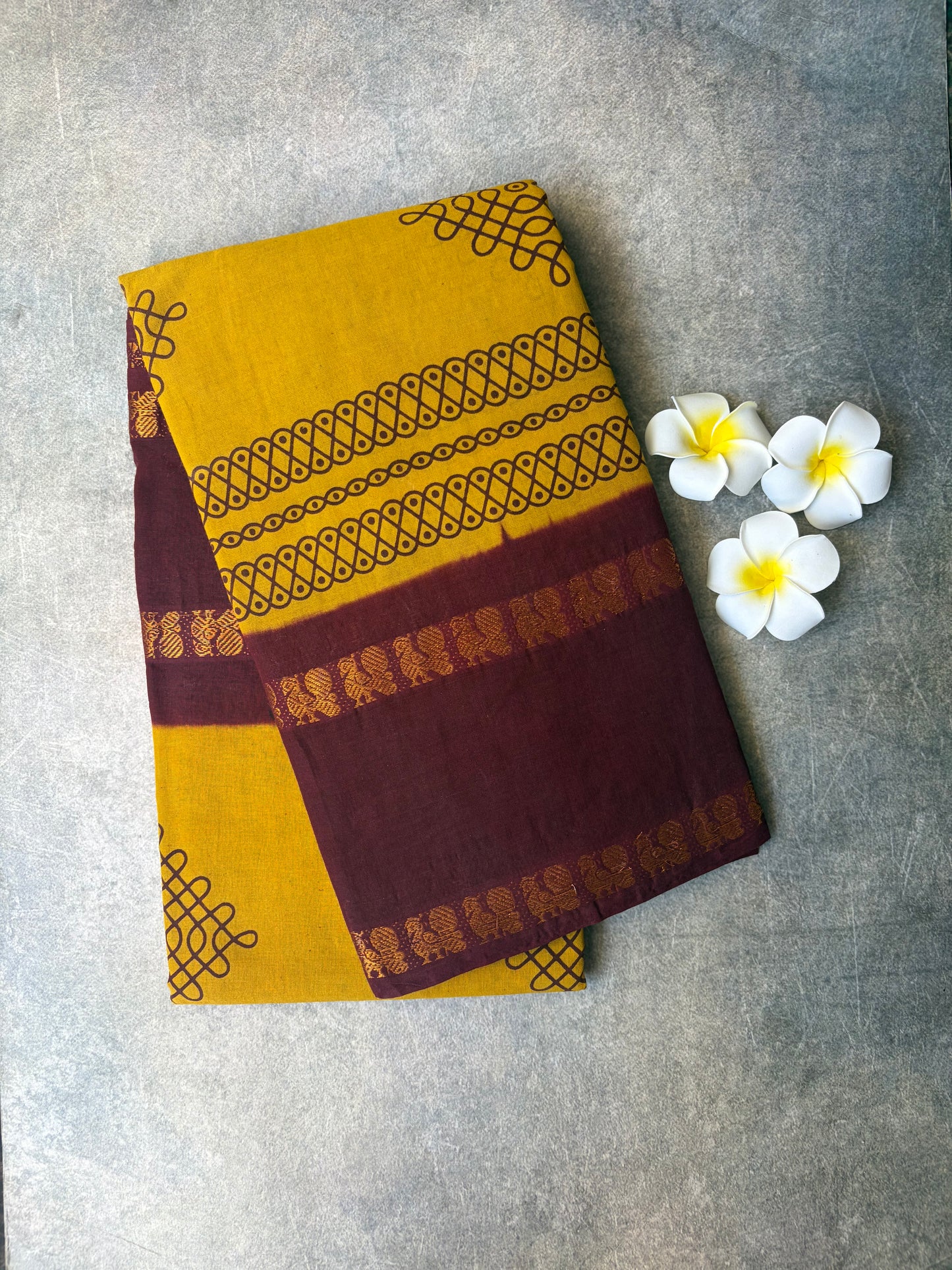 Kolam Printed Sungudi Cotton Saree Mustard Yellow | TLL398