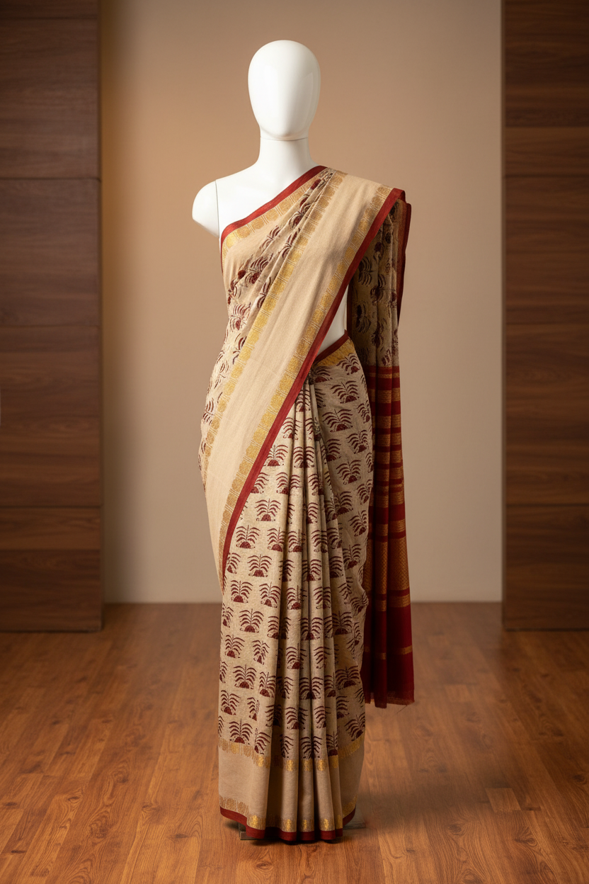 Pure Hand-Knotted Sungudi Saree Light Cream Colour | TLL180