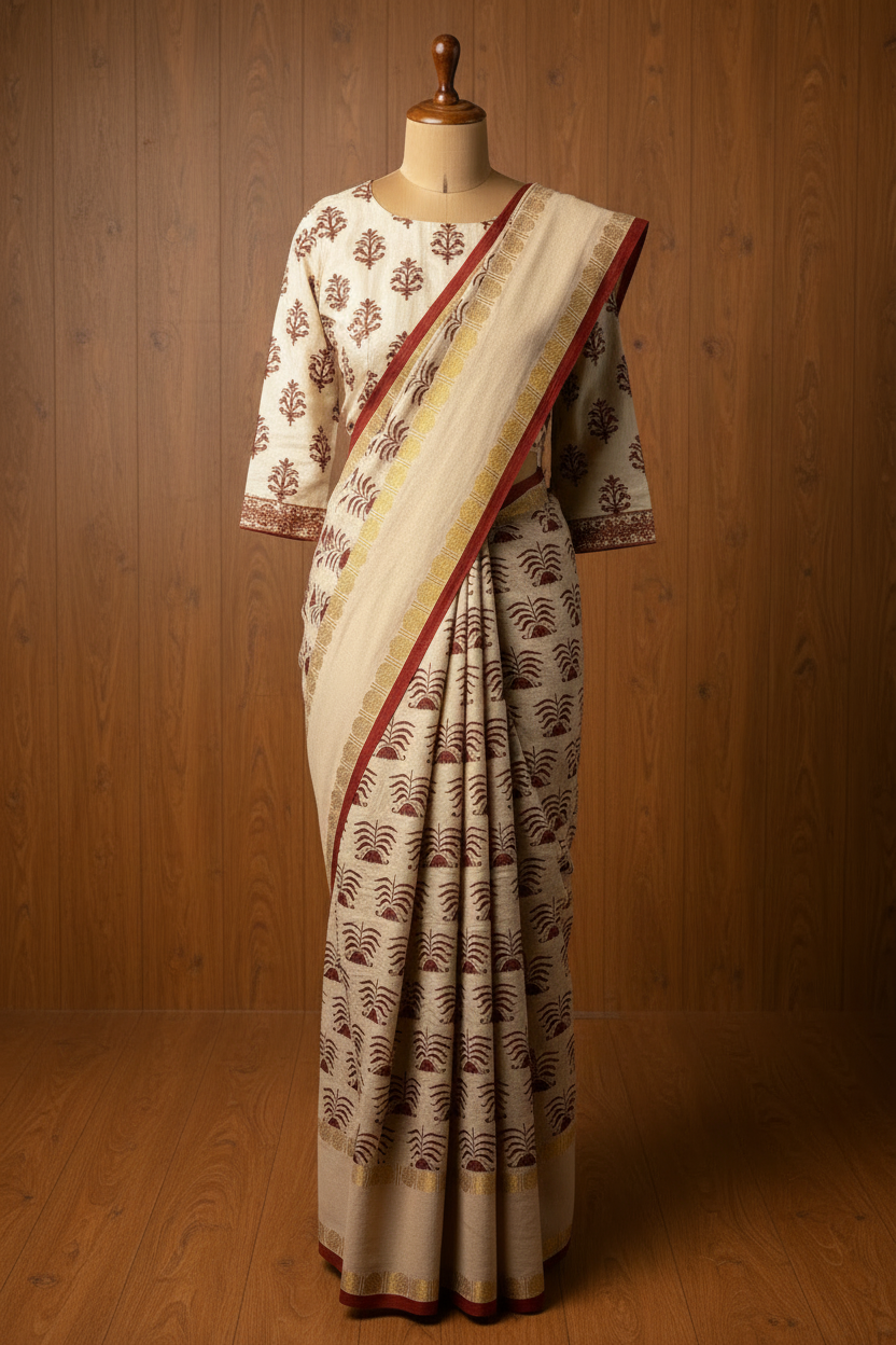 Pure Hand-Knotted Sungudi Saree Light Cream Colour | TLL180