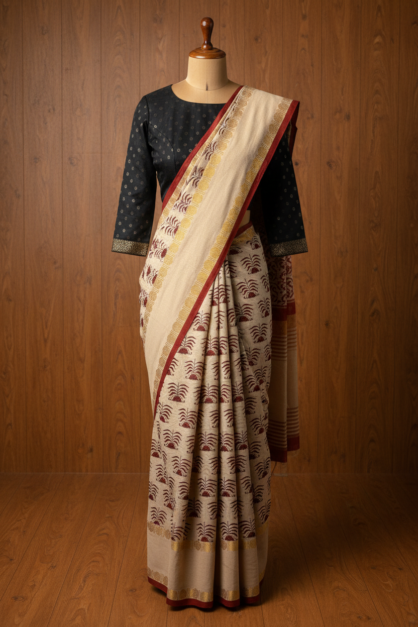 Pure Hand-Knotted Sungudi Saree Light Cream Colour | TLL180