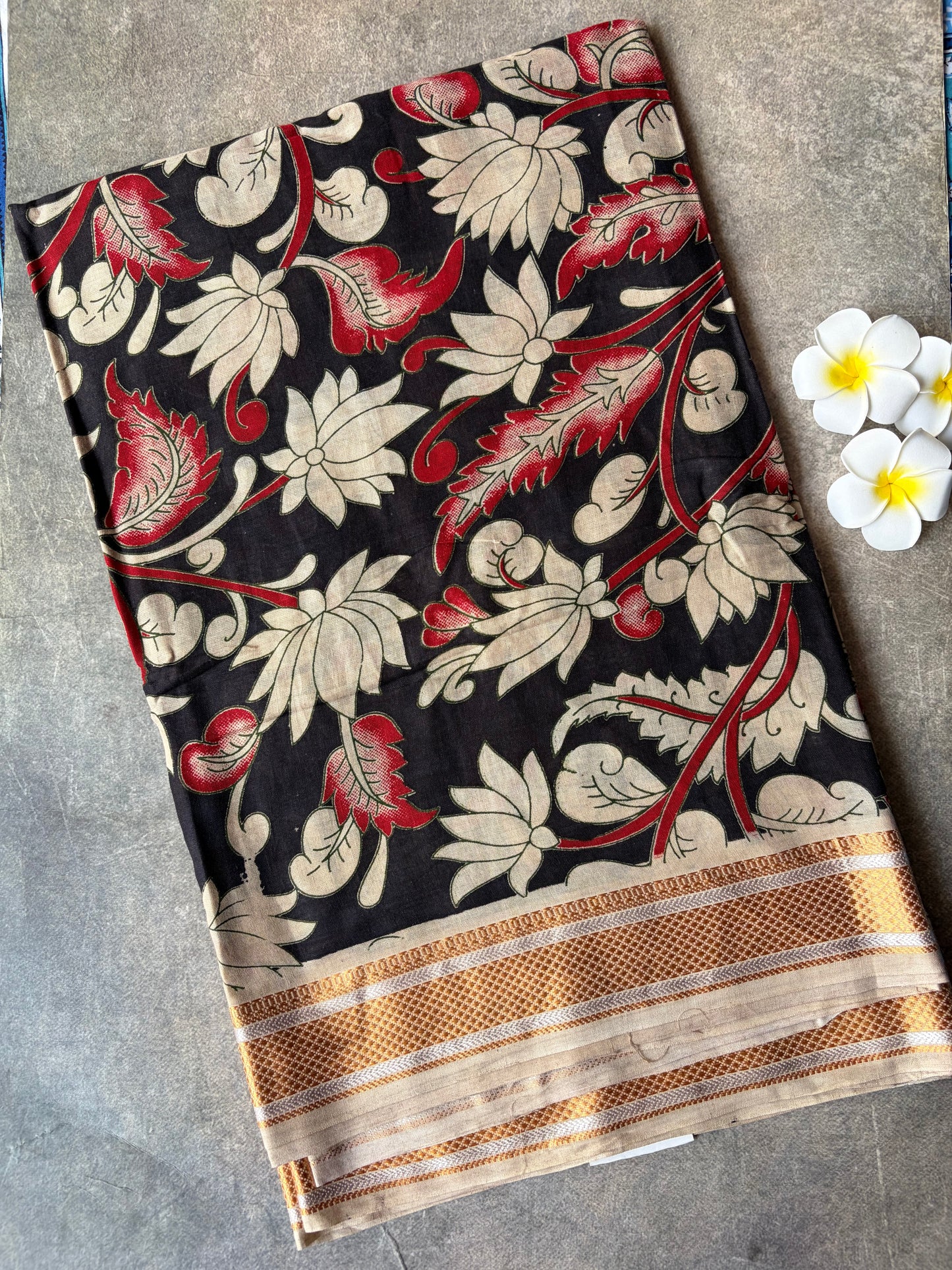 Traditional Kalamkari Soft Mul Cotton Saree Black with Red | TLL625