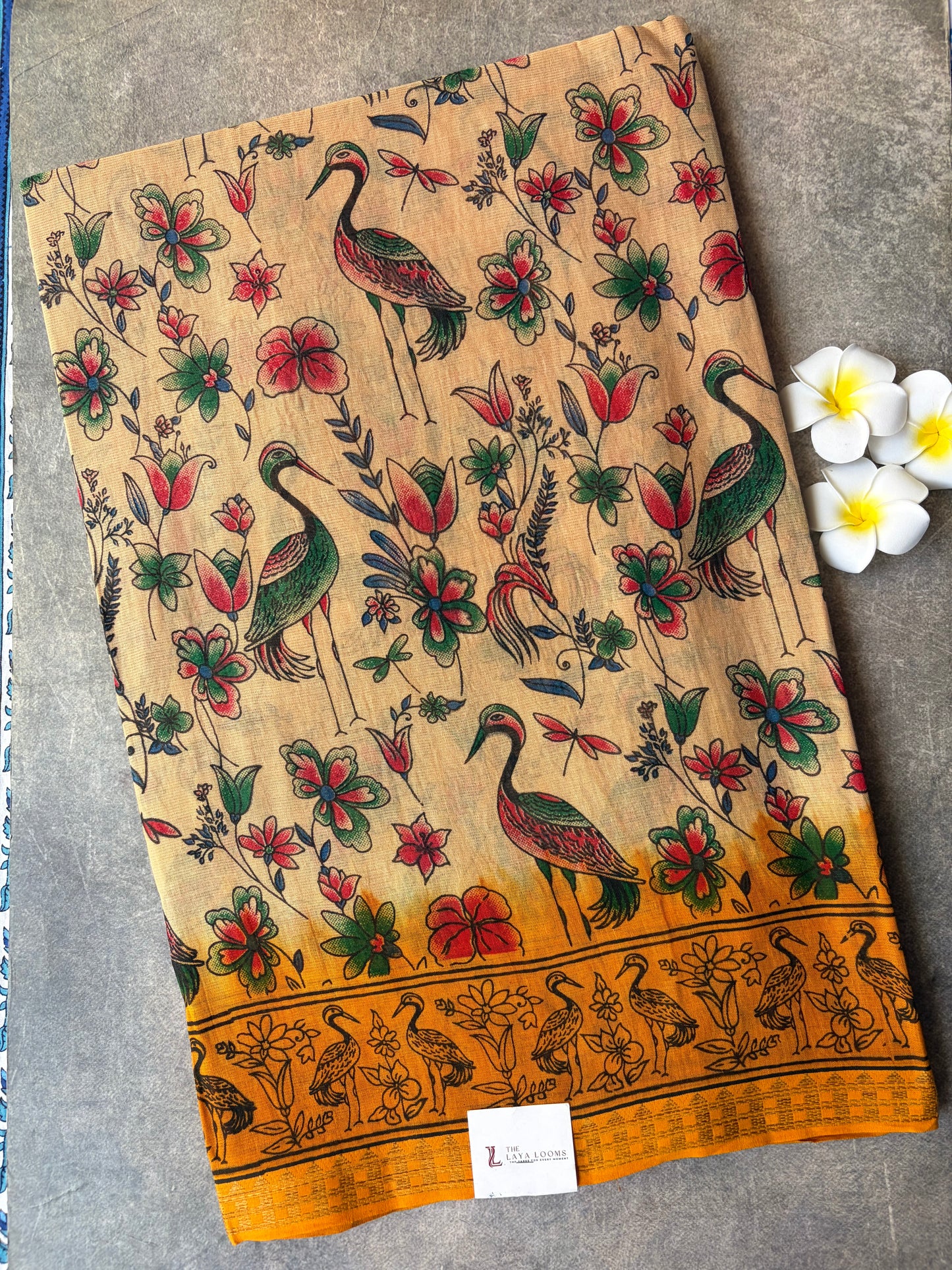 Kalamkari Cotton Saree Cream with Yellow Border | TLL595