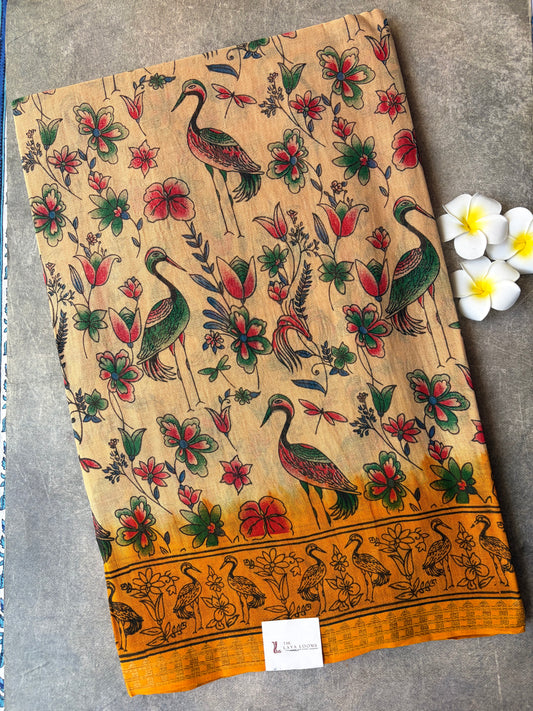 Kalamkari Cotton Saree Cream with Yellow Border | TLL595