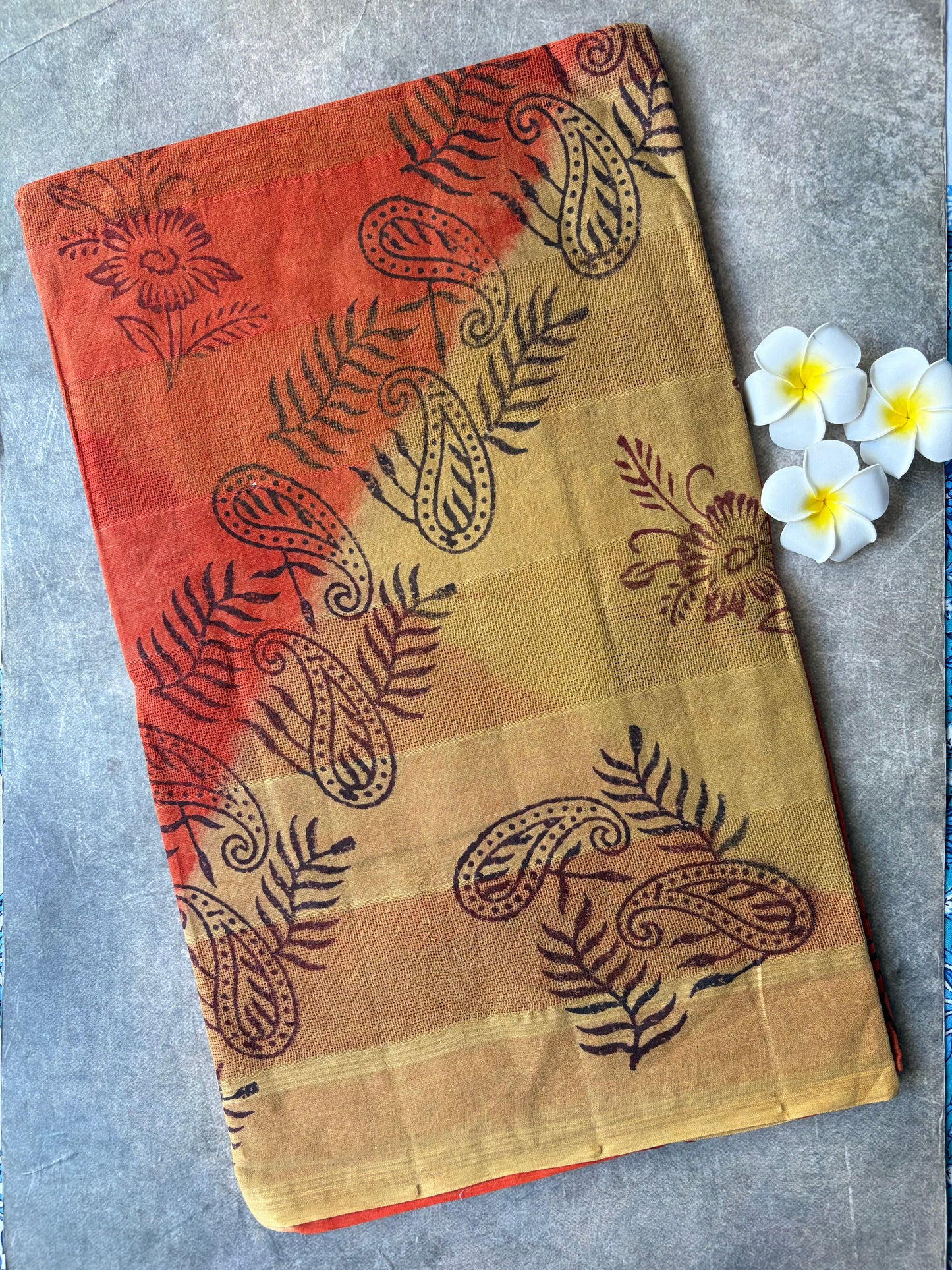 Cream with Orange Kota Cotton Saree | TLL591