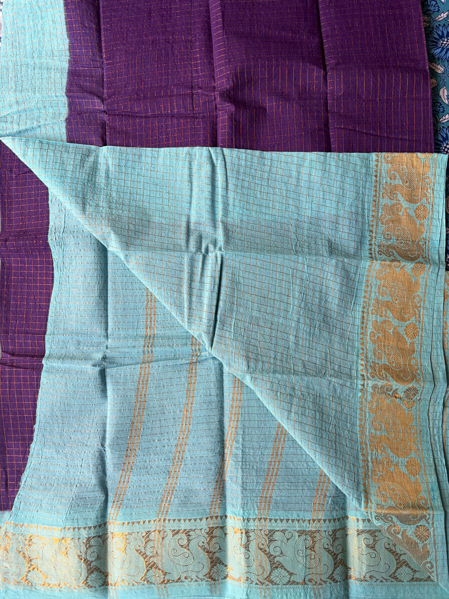 Golden checked blue Sungudi saree |TLL169